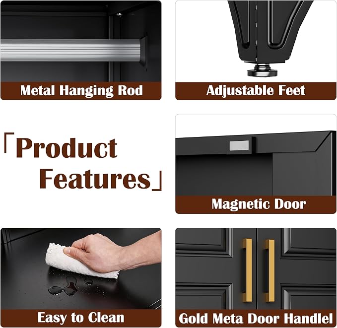 SteeLoong 71" Metal Armoire Wardrobe Closet with Drawer,Tall Clothing Storage Cabinet with Adjustable Shelves and Hanging Rod,Black Wardrobe Closet for Bedroom,Home,Office,Gym