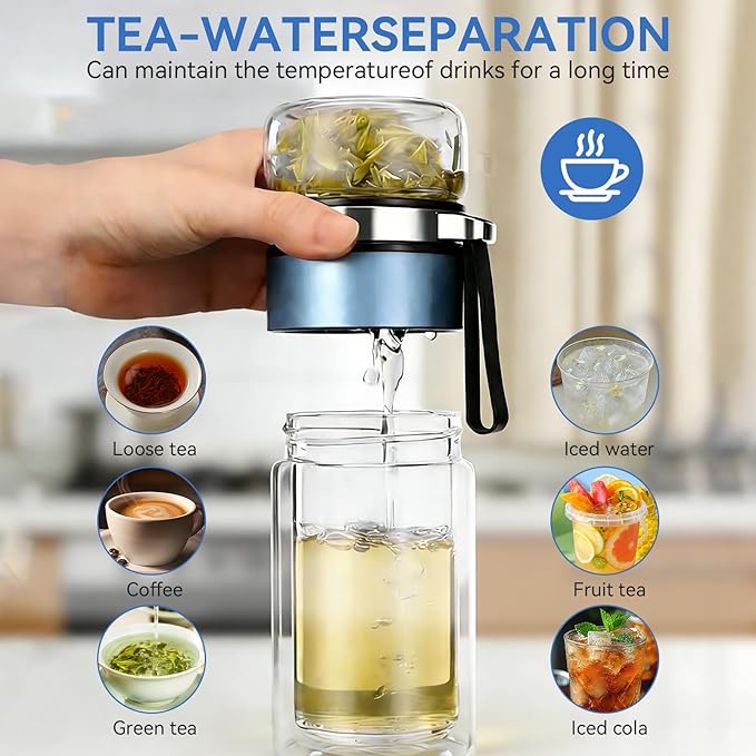 Glass Tea Infuser Bottle, Double Wall Portable Tumbler Mug Travel Tumbler Mug Men Tea Infuser Water Bottle (Blue)