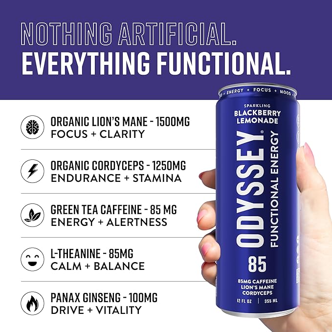 Odyssey Functional Energy Drink for Focus, Cognition & Mood Support 12 Pack - Adaptogenic Drink with 85mg Green Tea Caffeine, Lions Mane, Cordyceps, L-Theanine & Ginseng, Sparkling Blackberry Lemonade