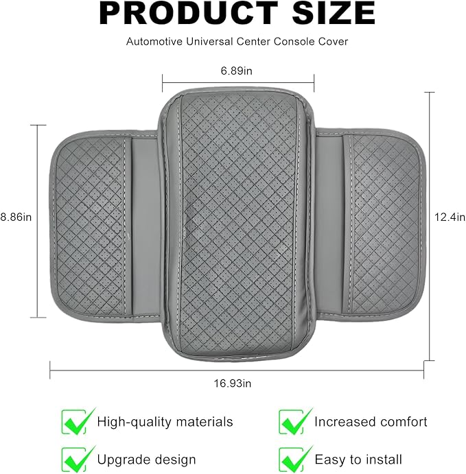 Car Center Console Cover, Microfiber Leather Armrest Cover Cushion with 2 Storage Bags, Anti-Scratch Middle Console Protector Interior Accessories for Most Cars SUVs Trucks (Gray)