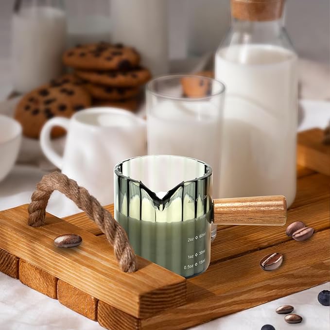 Espresso Cups Set of 2, 4 OZ Espresso Shot Glasses with Wood Handle, V-Shaped Spouts Cups, Ribbed Milk Frothing Pitcher, Glass Measuring Cup, Coffee Espresso Accessories, Demitasse Cups, Small (Gray)