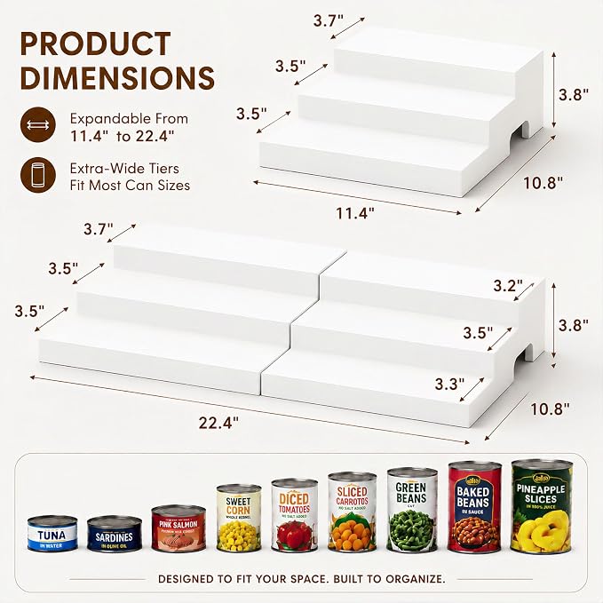 Expandable Wooden Can Organizer for Pantry, Adjustable 3-Tiered Shelf Holds 24 Cans, Rack for Cabinet & Countertop, Space Saving Holder for Small Kitchens & Apartments, White
