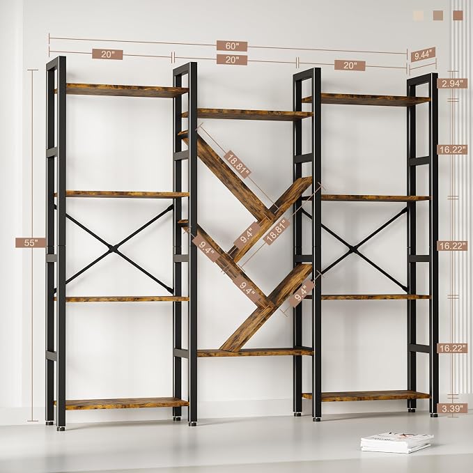 INNOD Triple 4 Tier Book Shelf, Large Industrial Bookcase with Storage Cabinet, Tall Bookshelf with Open Display Shelves Furniture for Living Room Bedroom Home Office Rustic Brown