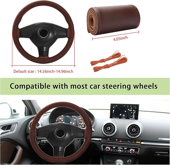 Kewucn Genuine Leather Steering Wheel Cover, 15" Universal Car Steering Wheel Protector with Needle Thread, Breathable Anti-Slip Steering Wheel Cover DIY Stitch on Wrap (Coffee, Glossy)