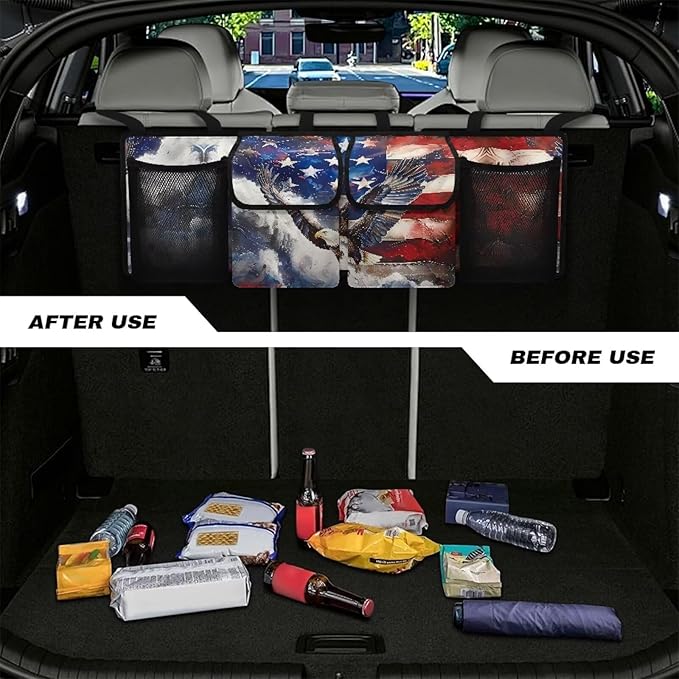 Eagle America Flag Car Trunk Organizer, Hanging Seat Back Storage Organizer with Large Pockets, Space-Saving Backseat Car Organizer, Large Capacity Collapsible Bag for Most Vehicles