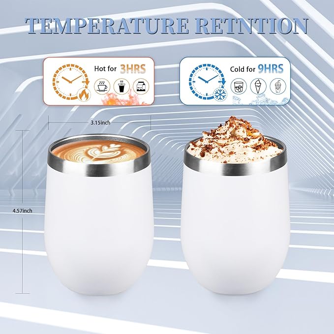 12oz/4 Pack Wine Tumbler with lid, Stainless Steel Travel Mugs Stemless Double Wall Insulated Coffee Cup, Insulated Wine Glasses Travel Tumbler for Cold & Hot Drinks(White,4)