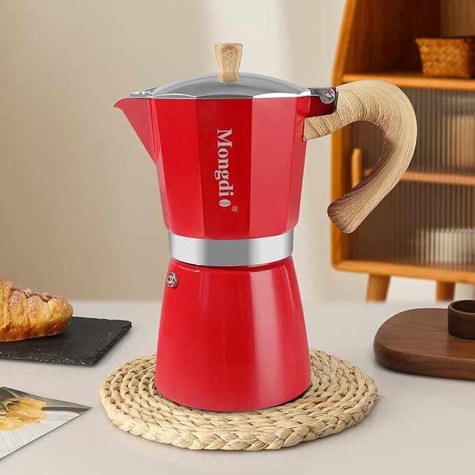 Mongdio Stovetop Espresso Maker Moka Pot, Cuban Coffee Maker Stove top coffee maker Moka Italian Espresso Greca Coffee Maker Brewer Percolator, 12 Espresso Cups, 20 oz - Red