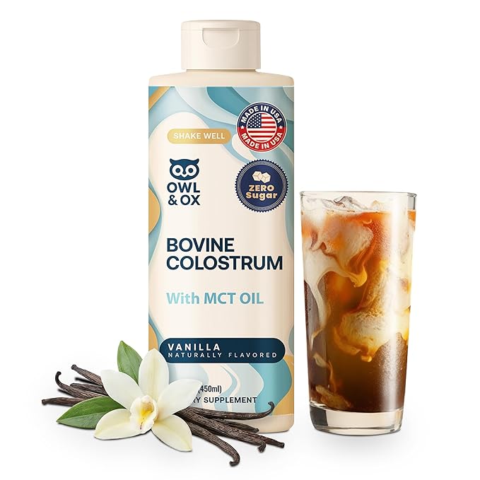 Bovine Colostrum with MCT Oil, Lactoferrin, IgG by Owl & Ox | Grass Fed, US Based | Skin Health, Gut Health and Immune Support | Sugar Free, Keto Friendly, Non GMO | Made in USA