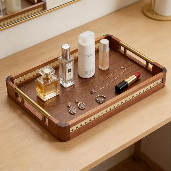 Acacia Wood Serving Tray with Handles, Decorative Wooden Tray for Ottoman, Coffee Table, Rectangular Tray Decor for Living Room, Bedroom, Kitchen, Breakfast in Bed