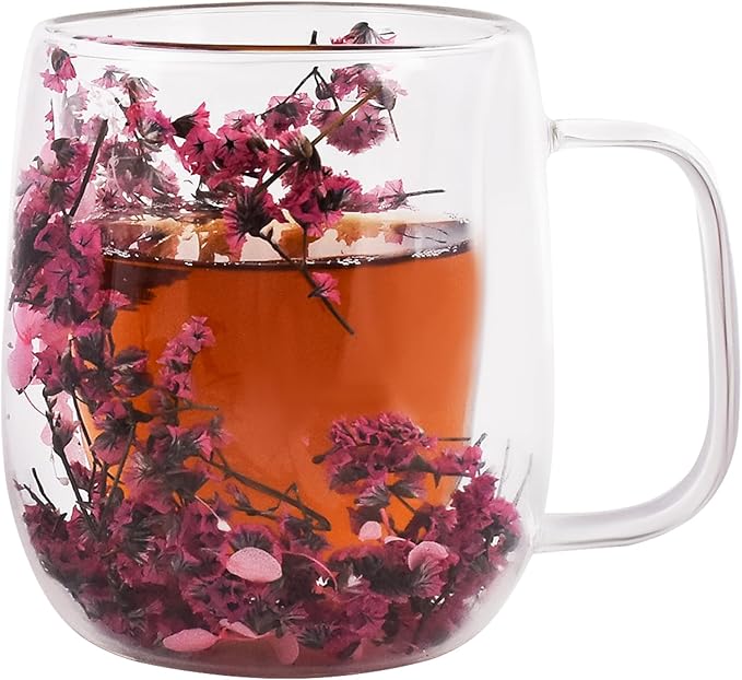 Real Flower Glass Tea Cup, Double Wall Borosilicate Coffee Mug with Preserved Flowers, Clear Aesthetic Floral Glassware, Romantic Gift for Women, Mom, Girlfriend, Mother’s Day & Women’s Day