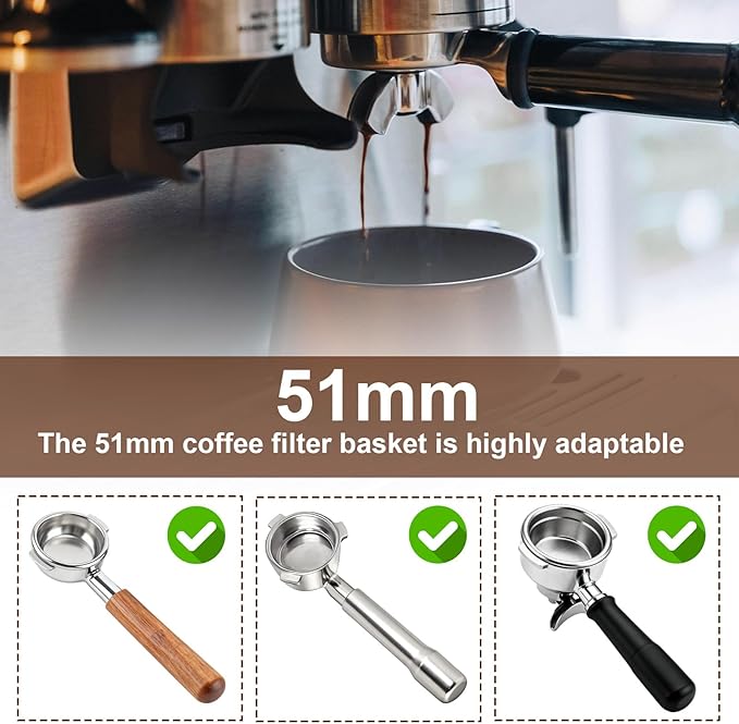 2pcs 51mm Portafilter Basket, Stainless Steel Pressurized Espresso Coffee Filter Basket for 51mm Espresso Machines (1 Cup + 2 Cup Capacity)