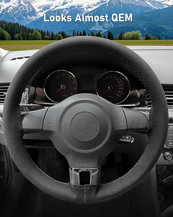 Belinous Suede Leather Steering Wheel Cover, DIY Stitch-On Steering Wheel Wrap with Needle & Thread, Non-Slip & Sweat-Absorbing, Universal Fit for 13.75-16 Inch (Size M5, Black)