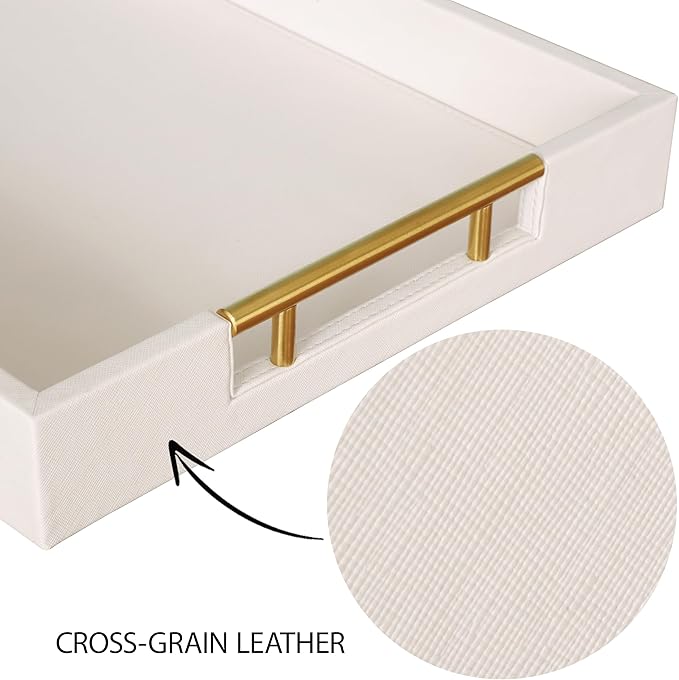 HofferRuffer Faux Leather Serving Tray with Gold Metal Handles, Stylish Decorative Tray Organizer for Coffee Table, Ottoman, Home Decor and Serving (CreamWhite, 16.2" x 12.2" x 2")