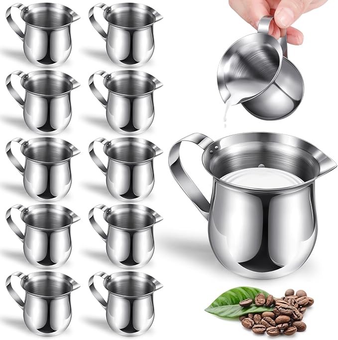12 Pack Stainless Steel Bell Creamers 3 Ounce Creamer Pitcher Mini Coffee Milk Pitchers with Handle and Pouring Spout Cups for Serving Espresso, Tea, Milk, Maple Syrup, Sauce