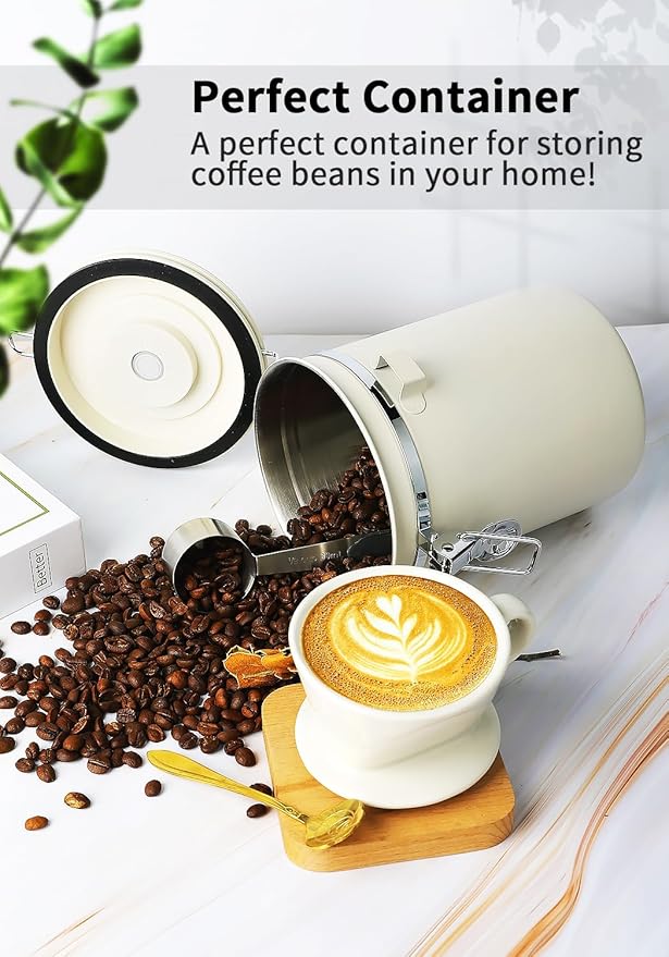 INFTYLE Coffee Canister with Airtight Lid, 22oz, 60 fl oz White, Stainless Steel Air Tight Lid Container with Date Tracker and Scoop Food Storage Jar for Coffee Bean (Cream)