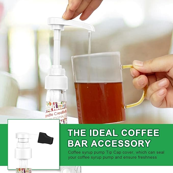 Coffee Syrup Pump for 750 ml Bottle – 4 Pack Syrup Dispenser Pumps Compatible with Monin Glass Bottles – No Clog, Precise Dispensing, Includes 4 Tip Covers – for Coffee Bar, Kitchen, White