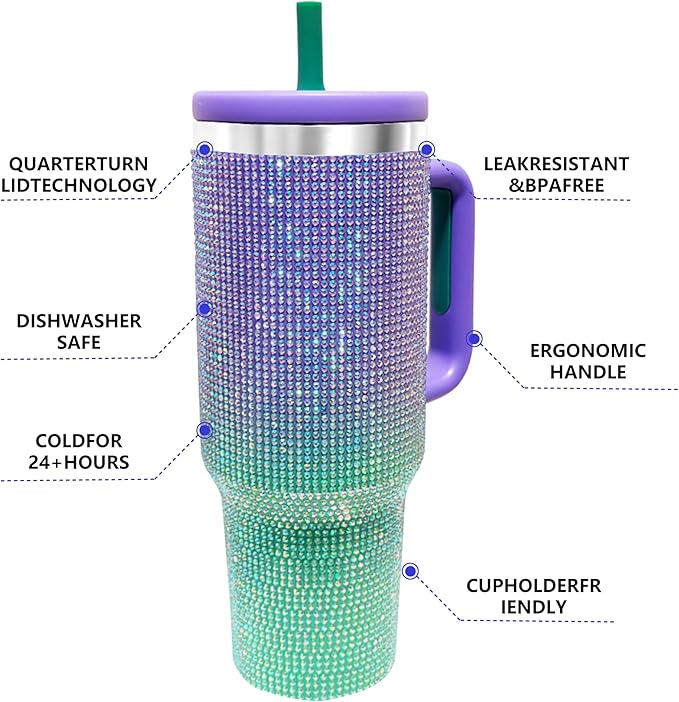 40-OZ Insulated Water Bottle,Insulated Stainless Steel Tumbler,Reusable Cold Drink Thermos,BPA-Free, Double-Wall Stainless Steel Water Bottle (Purple Green Gradient-Diamond, 40, Fluid Ounces)
