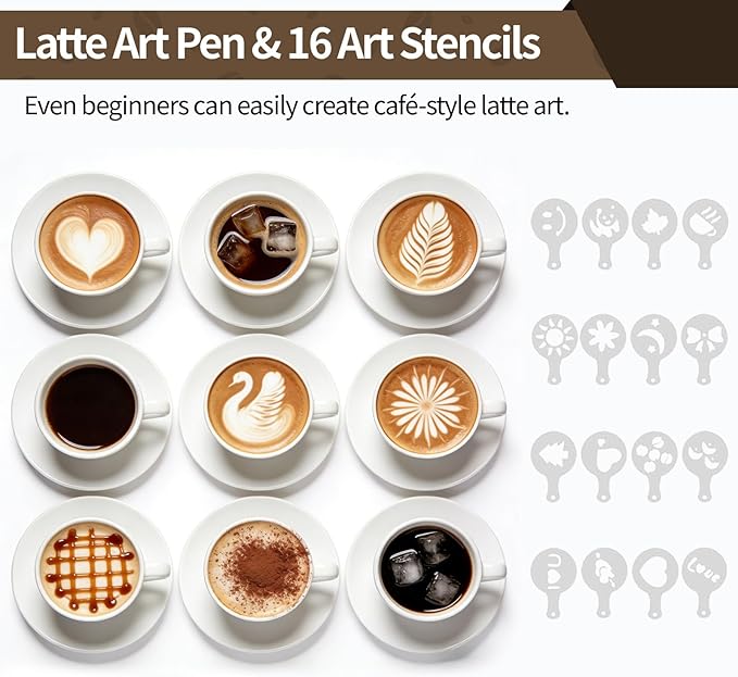 51mm Espresso Accessories Kit (9 PCS) - Tamper, Coffee Distributor, WDT Tool, Puck Screen, Dosing Funnel & Latte Art Set with 16 Stencils for Home Baristas