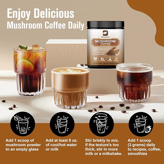 Mushroom Coffee - Lions Mane Mushroom Powder Instant Coffee with Lion's Mane, Reishi, Chaga, Cordyceps, and Turkey Tail - Mushroom Coffe Alternative for Energy, Mental Clarity & Focus, Brain Booster
