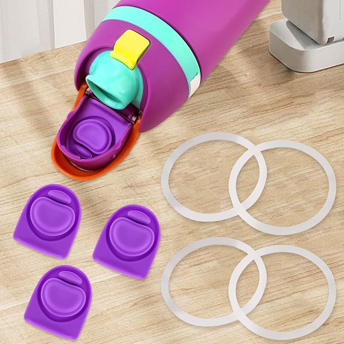 4 Sets Replacement Stopper and Ring Compatible with Owala FreeSip 24oz 32oz,Water Bottle Top Gasket Lid for Owala 16/19/24/32/40oz Seal Bottle Mouth Cap Stopper Silicone Parts Accessories (Purple)