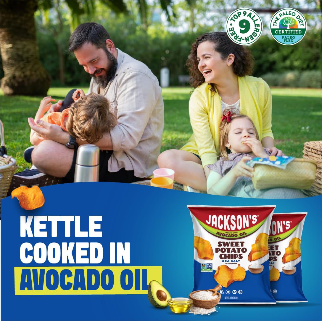 Jackson’s Sweet Potato Kettle Chips with Sea Salt made with Avocado Oil (1.5 oz, Pack of 10) - Allergen-friendly, Gluten Free, Peanut Free, Vegan, Paleo Friendly - Shark Tank Product
