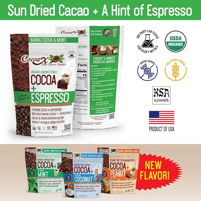 CocoaX Organic Cocoa Powder with Espresso Powder - 8oz Gluten Free, & Non-GMO Unsweetened Cocoa Powder for Baking - Dutch Processed Cocoa Powder to Use 1 To 1 in Cocoa Recipes - Made in America