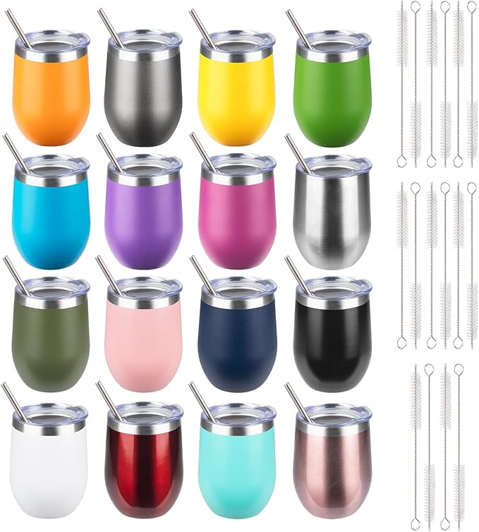 StarSpeed 12oz/16 Pack Wine Tumbler with lid, Stainless Steel Travel Mugs Stemless Double Wall Insulated Coffee Cup, Insulated Wine Glasses Travel Tumbler for Cold & Hot Drinks(Mix Color, 16)