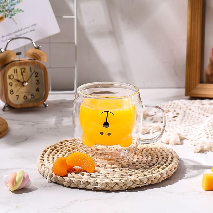 Eccliy 8 Pcs Cute Bear Mugs Bear Tea Cup 8.5 oz Double Wall Glass Honey Milk Coffee Mug with Handle Insulated Glass Espresso Cups Birthday Gift for Women Men Gift