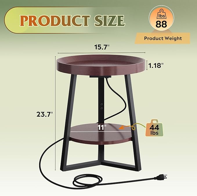 WLIVE Round End Table with Charging Station, Small Round Coffee Table, 2 Tier Side Table for Living Room/Bedroom, Sofa Couch, Wood Tabletop & Metal Frame, Brown