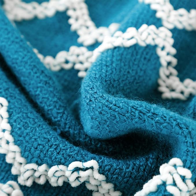 BOURINA Fluffy Chenille Knitted Fringe Throw Blanket Lightweight Soft Cozy for Bed Sofa Chair Throw Blankets, Teal 50" x 60"