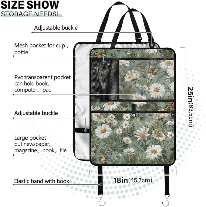 2 Pack Back Seat Car Organizer with Storage Pockets Kick Mats Back Seat Protector Hanging Car Organizer Automotive Seat Back Cover Organizers Summer Daisy Butterfly Green