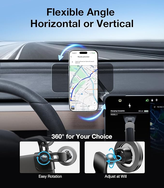 Wigoo Tesla Phone Mount for Tesla【Strongest Magnetic Power, No Blocking View】 Screen Phone Holder, Tesla Model 3/Y/X/S Accessories Fits for All iPhone & Android Phones with Magnetic Ring