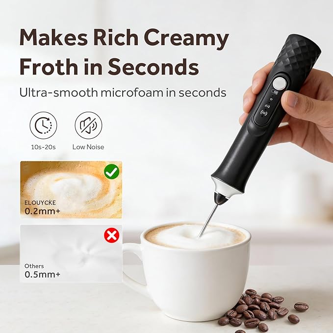 Milk Frother Handheld Rechargeable, Frother Wand Coffee Drink Mixer Electric Whisk 3 Speed Adjustable, Detachable with 3 Stainless Whisks, Hand Mixer for Lattes Cappuccino Hot Chocolate Matcha Egg