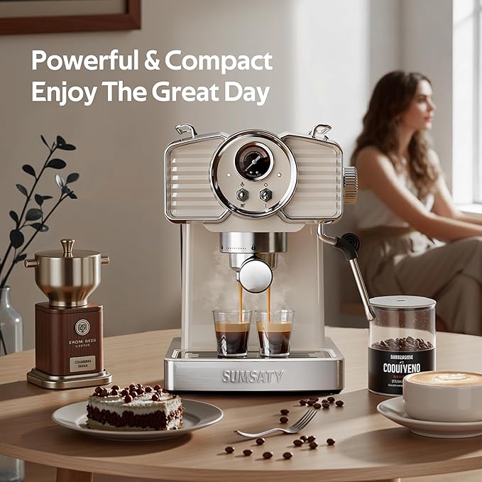 Espresso Machine 20 Bar, Professional Espresso Maker with Milk Frother Steamer Wand, Retro Coffee Maker Cappuccino & Latte Machine for Home, 1.8L Removable Water Tank, Off-white