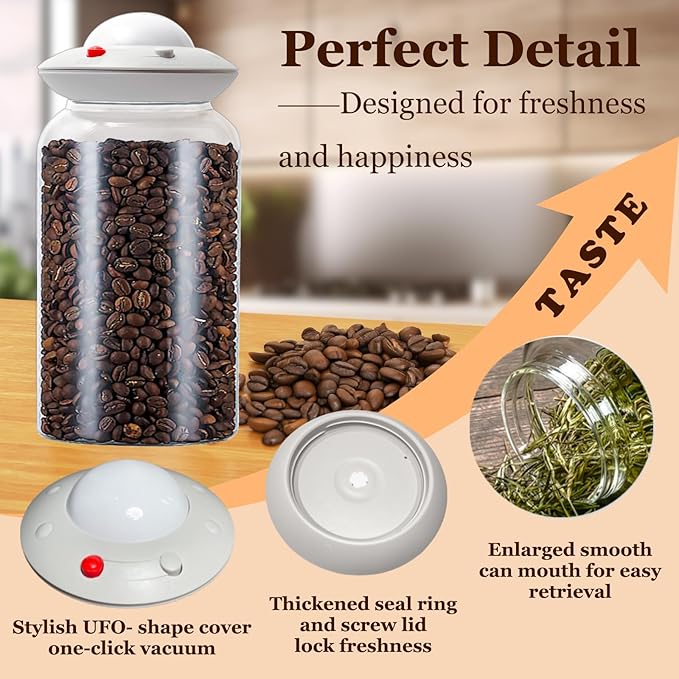 Vacuum Glass Coffee Storage Jar, 2400ML/81floz Large Canister with UFO Shaped Airtigt Lid,Perfect for Coffee Bean & Grounds,Sugar,Cereal,Dry Food