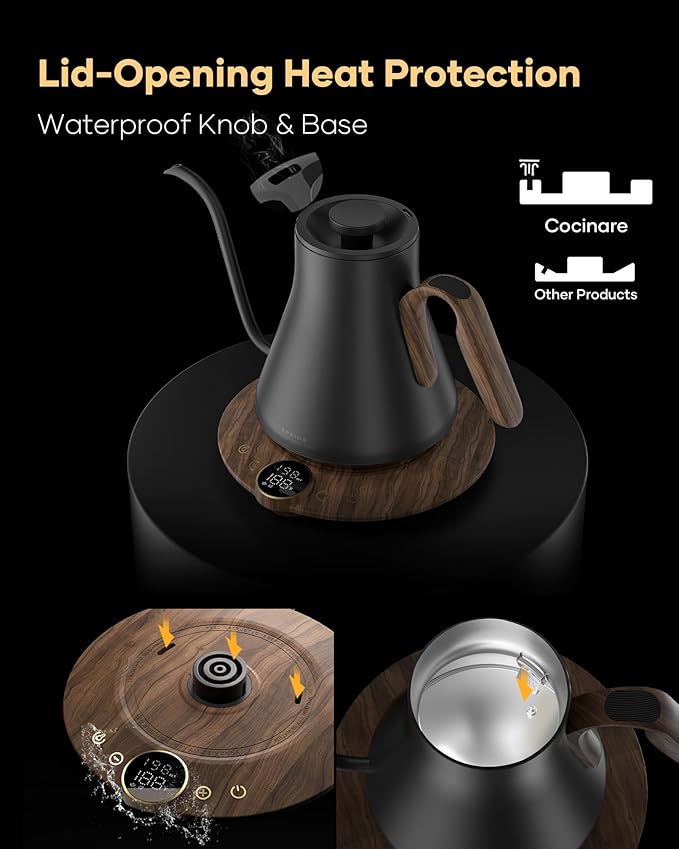 Cocinare Barista Collection Gooseneck Electric Kettle, ±1℉ Precise Temperature Control for Pour-Over Coffee & Tea, Quick Heating 1500W, Stainless Steel Interior, 0.9L (Obsidian Black)