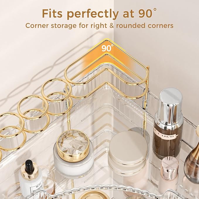 BEFSOP Corner Bathroom Counter Organizer, Upgraded 3-Tier Makeup Organizer Countertop with Makeup Brush Holder, Skincare Exquisite Vanity Organizers Countertop Bathroom Storage Dresser(CLEAR)