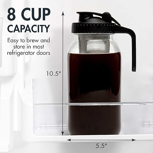 Primula Mason Jar Cold Brew Iced Coffee Maker with Stainless Steel Filter and Easy Pour Lid, Durable Glass Pitcher Fits in Most Fridge Doors, Dishwasher Safe, Made without BPA, 2-Quart, Black