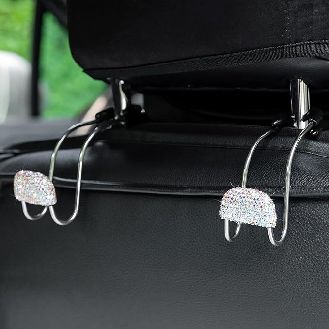 AUCELI Car Headrest Hook, 2 Pack Bling Backseat Organizer Hanger for Purse Clothes Grocery Bag, Rhinestones Auto Headrest Storage Holder, Universal Car Seat Accessories for Most Vehicle (AB)