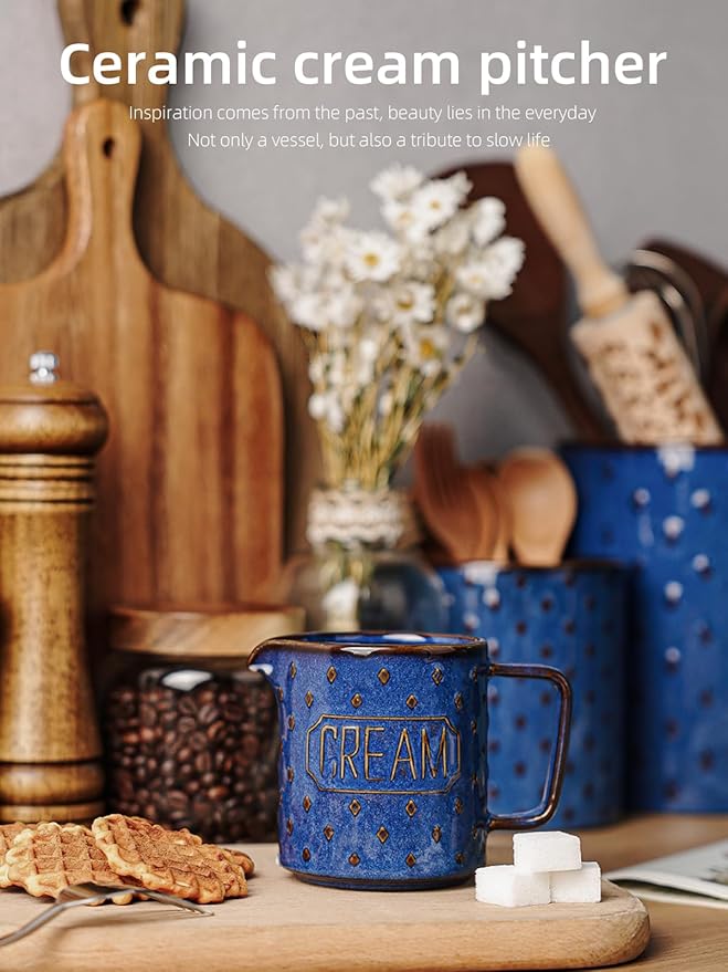 9 OZ Creamer Pitcher, Ceramic Creamer with Handle, Small Milk Pitcher Cup for Coffee, Sauces, Salad, Microwave & Dishwasher Safe (Vintage Blue)