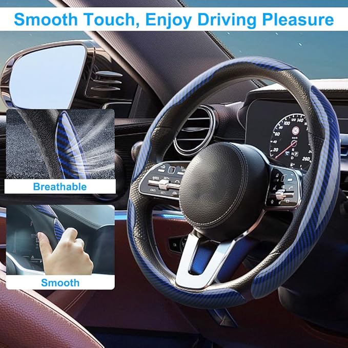 Carbon Fiber Steering Wheel Cover 3PCS, Non-Slip Grip for Universal Cars,Fit for 14–16 Inch Wheels, Interior Accessories for Cars Trucks (Blue)