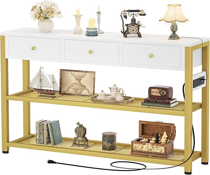 Ecoprsio 47'' Entryway Table with Outlets and USB Ports, Console Table with 3 Drawers, Sofa Table Narrow Long with Storage Shelves for Living Room, Couch, Hallway, Foyer, White and Golden