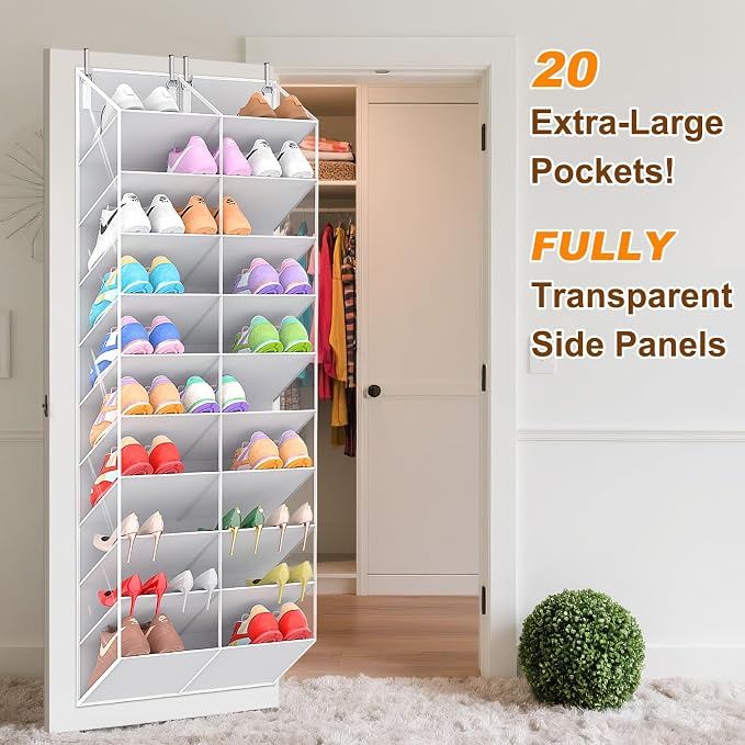 UVIAHOMI 20-30 Pairs Over the Door Shoe Organizer, Clear Pockets Hanging Shoe Storage for Closet, 10-Tier Door Shoes Rack, Handing Shoes Holder Fit All the Family's Sneakers, Boots, Heels, Light Grey