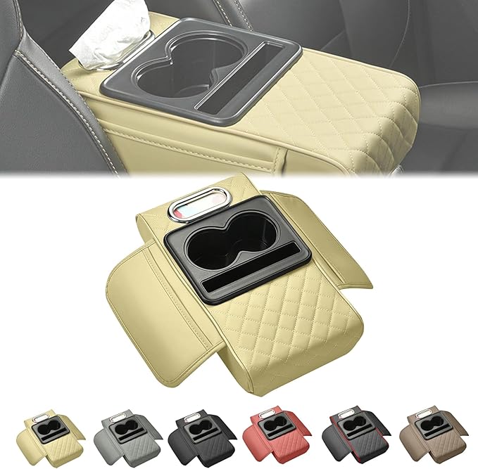 2025 New Auto Center Console Armrest Cushion with 2 Cup Holder, Car Center Console Armrest Pillow, Memory Foam Arm Rest Box Protector for Most Vehicles, Car Accessories (Yellow)