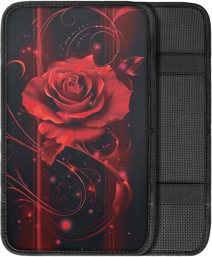 Rose Print Armrest Cushion Cover for Car Scratch Proof Car Center Console Armrest Protector Cover Universal Fit Truck Sedan SUV, Red and Black
