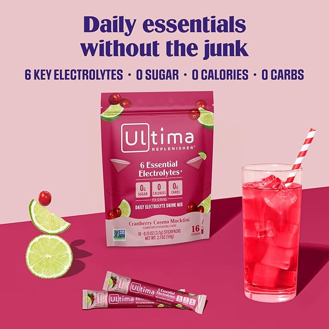 Ultima Replenisher Daily Electrolyte Powder – Cranberry Cosmo, 16 Stickpacks – Zero Sugar Hydration Packets with 6 Key Electrolytes and Trace Minerals – Sugar Free & Keto Friendly Drink Mix