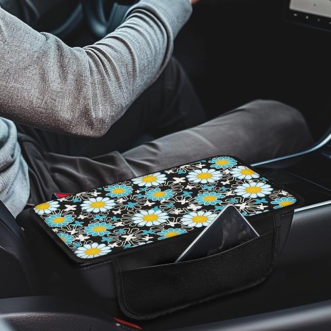 CLOHOMIN Blue Daisy Car Center Console Cover with Side Pockets Butterfly Car Arm Rest Cushion Pad Auto Interior Accessories Easy to Install Auto Armrest Cover Pad