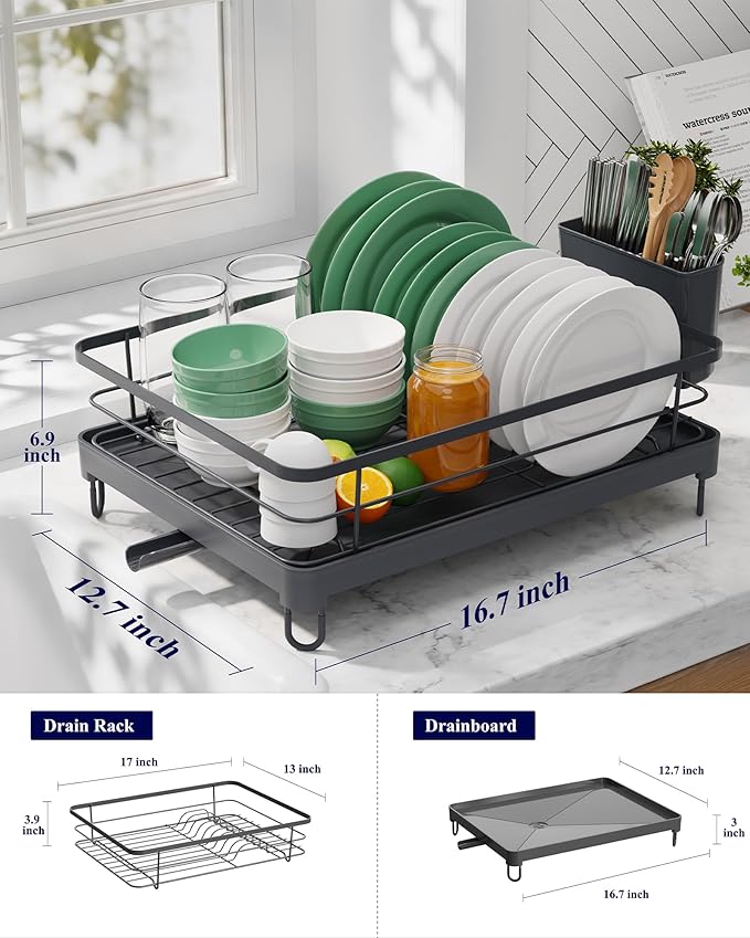 Kitsure Dish Drying Rack for Kitchen Counter, Stainless Steel Sink Organization and Storage Essentials with Cutlery Holder, Home and Appartment Decor, 12.7''W x 16.7''L, Grey