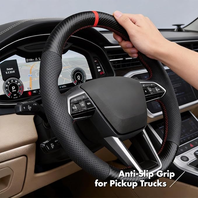MEWANT Hand Stitch Steering Wheel Cover for Audi A6 2019-2022 A6 Allroad 2020-2022 A7 2019-2022 RS 6 Avant 2021-2022 RS 7 2021-2022 S6 2020-2022 Faux Leather PU Carbon Fiber DIY Interior Accessories