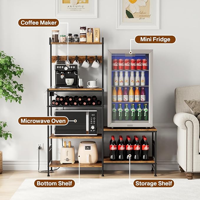 Portin Kitchen Shelf Bakers Rack with Power Outlet, Mini Fridge and Microwave Stand Coffee Bar Table with S-Hooks, Storage Shelf Rack for Spices, Pots and Pans - Rustic Brown